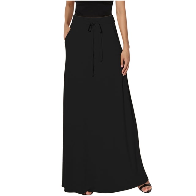 FAIWAD Women's Elastic High Waisted Maxi Skirt Drawstring Loose Casual Basic A-Line Skirts with Pockets