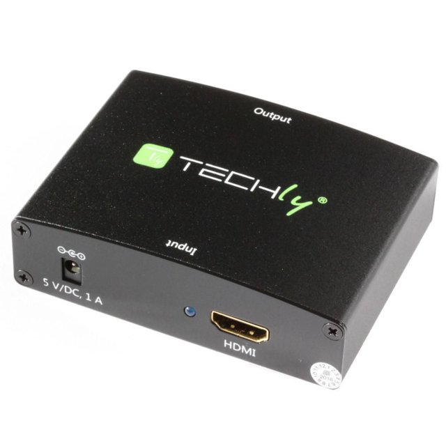 Techly HDMI Convertisseur vers VGA/ Résolution Audio jusqu'à 1080p @ 50/60Hz Est un Boîtier Convertisseur Numérique vers Analogique Rectangulaire Noir avec une Finition Mate, Doté d'Un port d'Entrée HDMI, d'Une Entrée d'Alimentation 5V DC 1A, et d'Entrées et de Sorties Étiquetées, Prenant en Charge la Sortie Audio G/R pour Connecter des sources HDMI aux Écrans VGA.