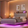 thumbnail image 1 of Bingirl King-Size Floating Bed Frame with LED Lights, Charging Station, Upholstered Platform Bed, Storage Headboard, Wood Slats Support (No Box Spring Needed), Easy Assembly - Grey, 1 of 8