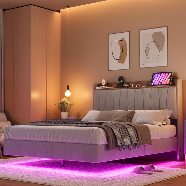 Bingirl King-Size Floating Bed Frame with LED Lights, Charging Station, Upholstered Platform Bed, Storage Headboard, Wood Slats Support (No Box Spring Needed), Easy Assembly - Grey