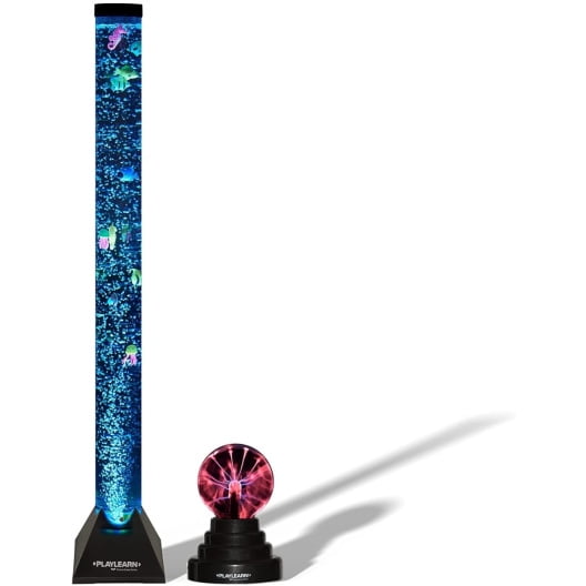 Playlearn 1.2m Sensory Bubble Tube Lamp & Plasma Lamp Combo - Color Changing and Fake Moving Fish - Remote Control Autism Light Floor Lamp