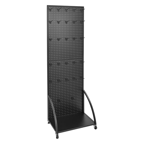 KFFKFF Standing Pegboard Display with Base Plate, 23.7 x 66 in Pegboard Display Stand with Casters and 30 Hooks, Thickened Cold-Rolled Steel Peg Board Panel for Retail Store and Jewelry Shop, Black