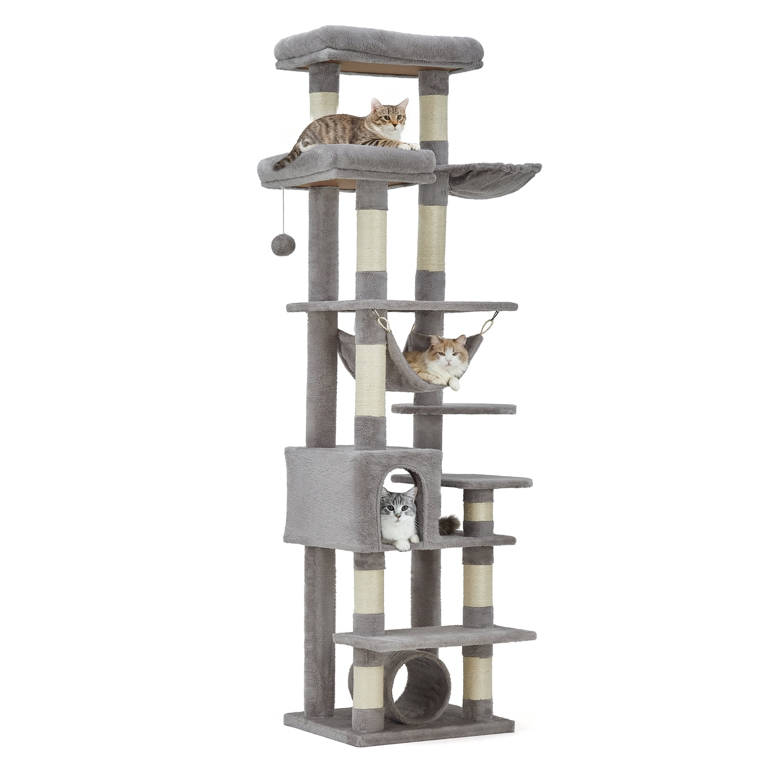 Tall Multi-Level Cat Tree Tower for Large Indoor Cats – 11 Sisal Scratching Posts, Hammock, Perches, Tunnel, Soft Beds, Feeding Station – Heavy Duty Cat Furniture – Light Gray, 74 inches