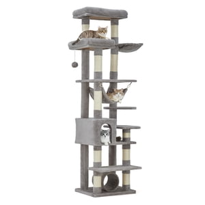 Tour multi-niveaux de chat pour grands chats intérieurs – 11 Postes de scratching sisal, Hammock, Perches, Tunnel, Lits mous, Station d'alimentation – Meubles pour chats lourds – Gris clair, 74 pouces