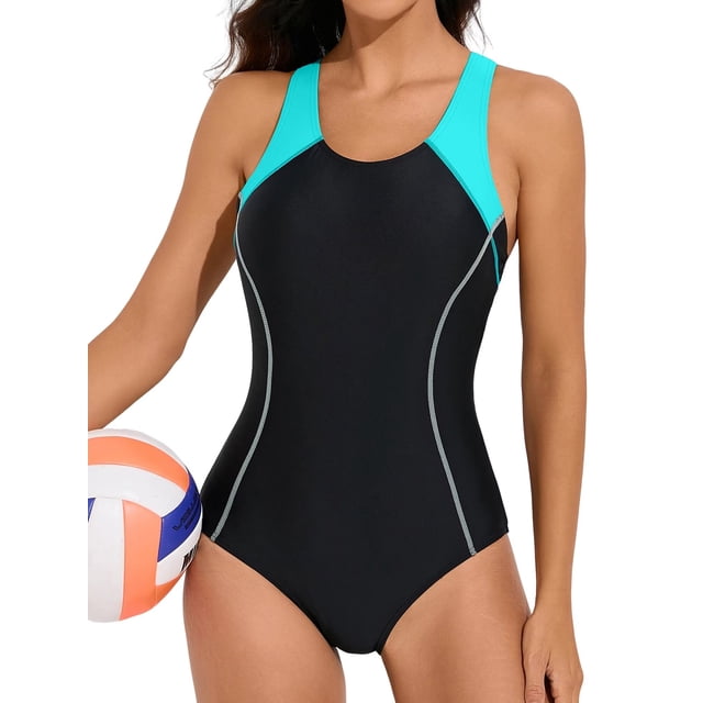 Charmo One Piece Athletic Racerback Swimsuit for women featuring a slimming design with color block detailing in black and turquoise. The swimsuit includes a racerback style for enhanced support and mobility, along with a built-in removable bra for added comfort and shape. Made from breathable, quick-dry fabric with UPF50+ UV protection, this swimwear is ideal for swimming, training, or beach activities. Shown in a front-facing view with a volleyball accessory.