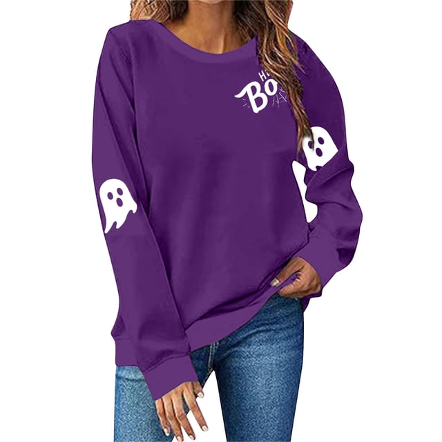 NMMUED Chandails d'Halloween pour Femmes, Vêtements d'Automne, Chandail d'Halloween avec Fantôme, Chandails à Col Rond pour Femmes, Hauts d'Halloween pour Femmes, Hauts d'Automne pour Femmes, Violet 3TG