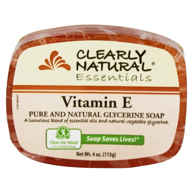 Clearly Natural Glycerine Soap Bar Vitamin E, 4 oz. A transparent, multicolour bar soap enriched with vitamin E and 25% glycerine for gentle cleansing. Suitable for all skin types, including sensitive skin, it hydrates and nourishes while being free from harsh chemicals. Packaged with branding and product details visible on the label.