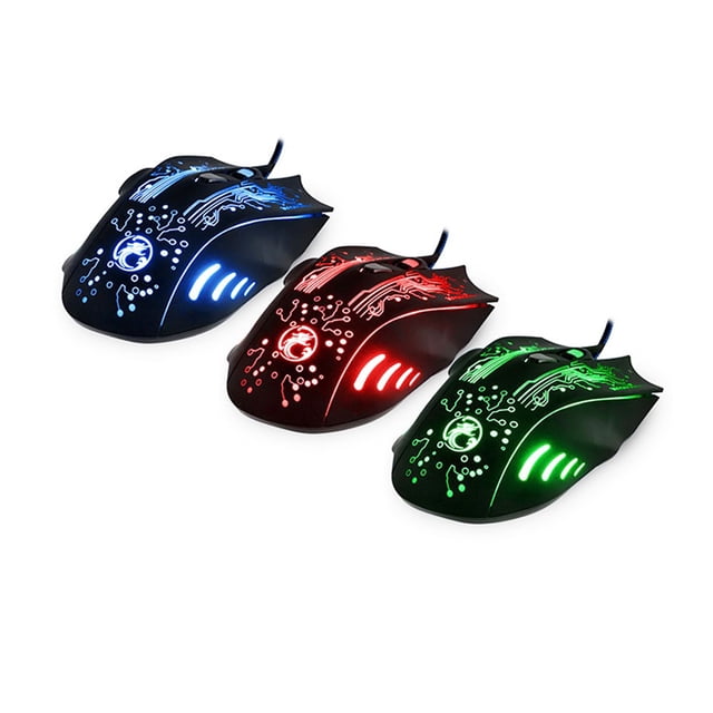 axGear Gaming Mouse USB Optical 5500 Dpi with 6 buttons and 7-color LED lighting. Features an ergonomic design for comfort, ultra-precise scroll wheel, and plug-and-play USB connectivity. Shown in three variations with blue, red, and green LED lights.