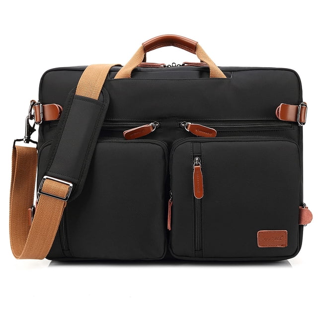 CoolBELL Convertible Backpack Messenger Bag Shoulder Bag Laptop Case Handbag Business Briefcase Multi-Functional Travel Rucksack in black, ideal for laptops up to 17.3 inches. Features include four exterior pockets, telescopic belt for laptop protection, and three carrying styles: backpack, messenger bag, and shoulder bag. Dimensions are 18.8 x 5.1 x 13.7 inches, with space for 2-3 days of summer clothes. Lightweight and ergonomic design, perfect for business travel, school, or work.