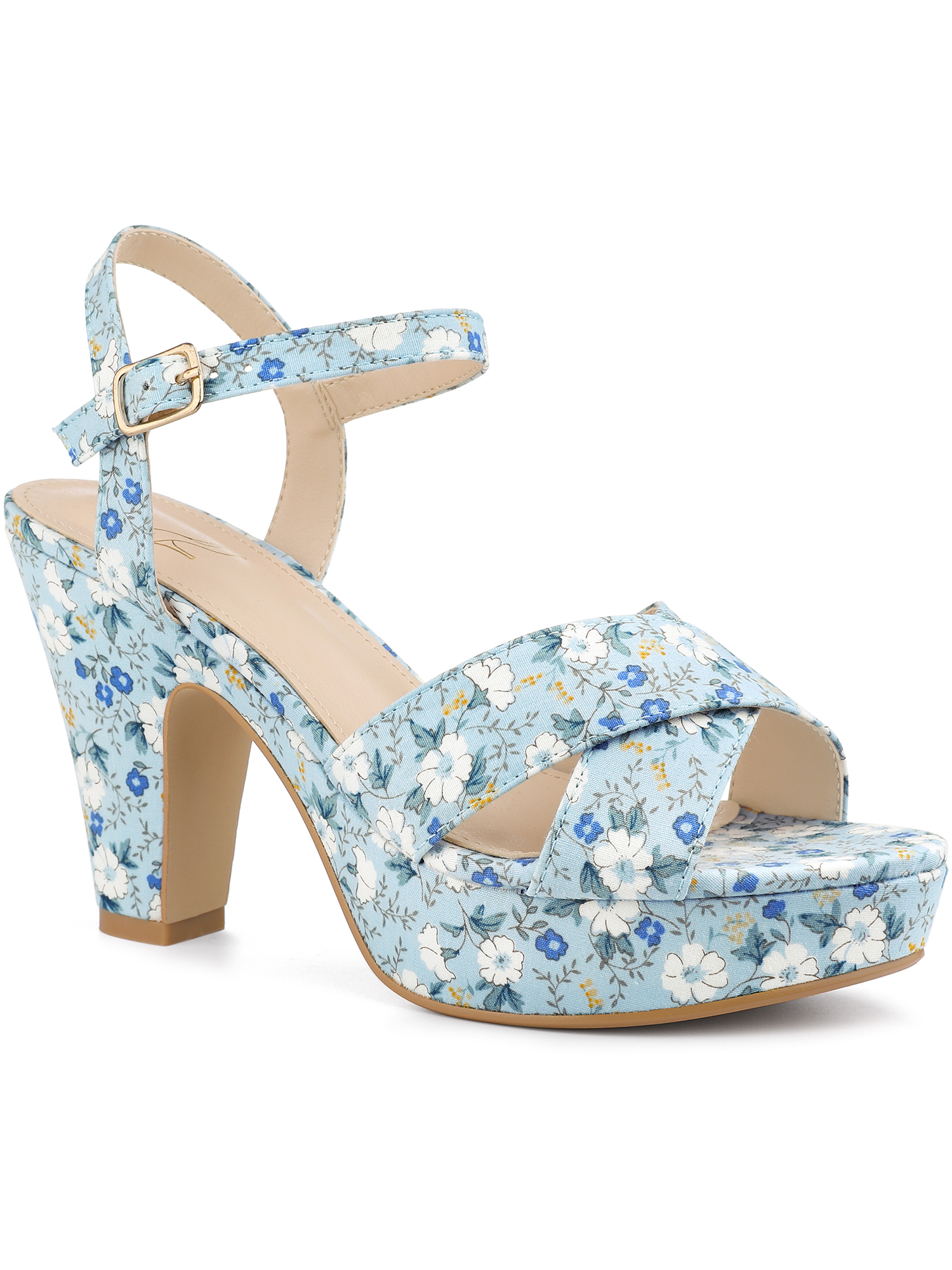 BLISSFUL STEP Women's Shoes Floral Pattern Platform Chunky Heel Open Toe Slingback Buckle Strap  Sandals Blue 6