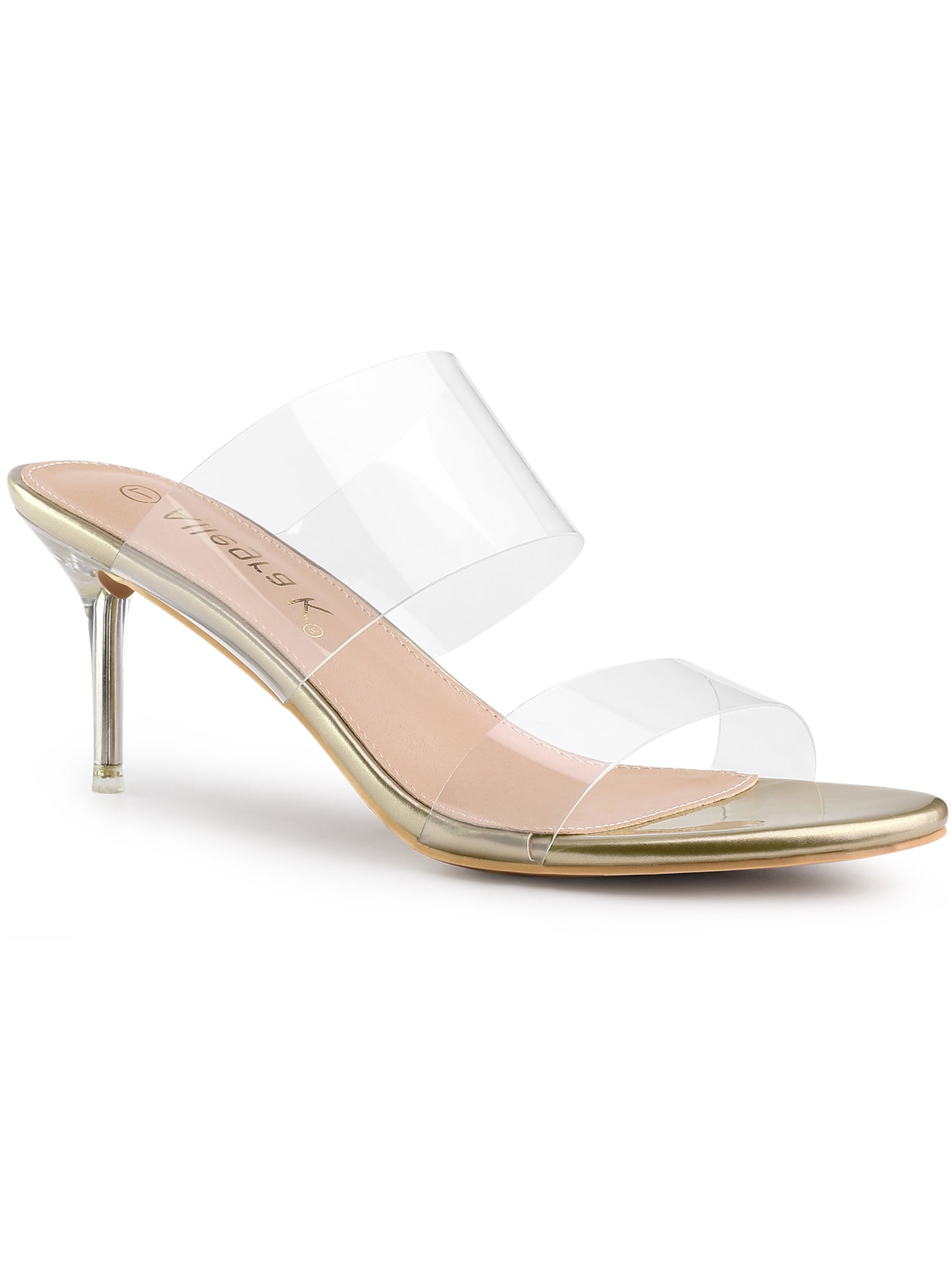 BLISSFUL STEP Women's Clear Slide Stiletto Heels Open Toe Slip On Sandals Gold 11