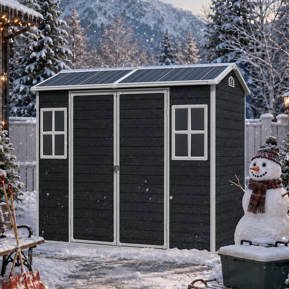8 ft x 4 ft Outdoor Storage Shed with Two-Window and Double-Door, Plastic Shed with Floor for Garden, Patio, Yard, Lawn, Black