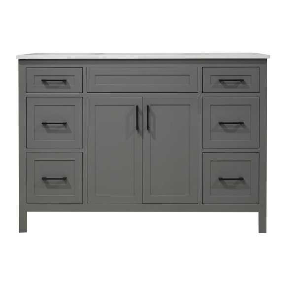 A 48-inch wood vanity in Amherst gray, featuring two doors and six drawers