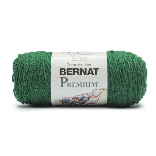 Bernat® PremiumTM Fil, Acrylique #4 Moyen, 7oz/198g, 360 Yards Vue Orientée vers l'Avant d'Une Seule Pelote de Fil 7oz/198g de Grosseur Moyen dans une Teinte Unie; 100 % Acrylique avec une Torsade Subtile 4 Brins visible, Drapé Doux et Lustre Subtil, Étiqueté Bernat; Convient au Tricot et au crochet afghans et Vêtements, Lavage et Séchage à la machine; Utilisé Souvent pour amigurumi Ou
