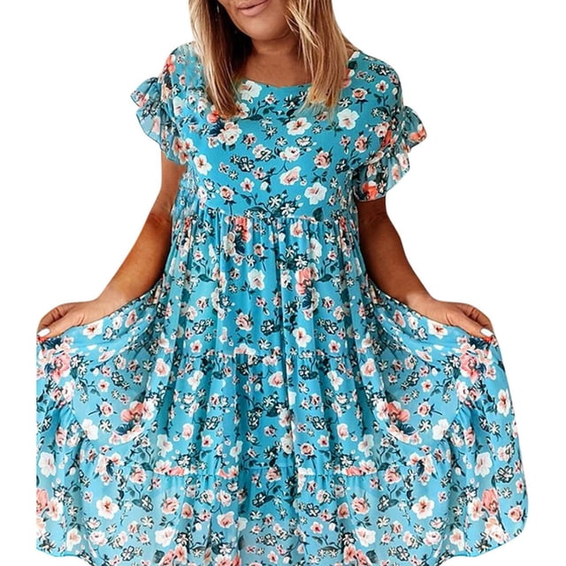 Ketyyh-chn99 Robes Femmes Été 2024 Robe Élégante pour Femme Robe de Soirée Robe maxi à Imprimé Floral à Manches Courtes Bleu,m