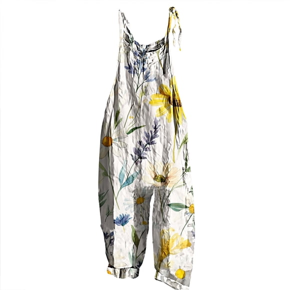 ManxiVoo Comfortable Wide Leg Jumpsuit Women Boho Style Sleeveless Romper Lightweight Linen Overalls Casual Lounge Wear XXL Size Yellow