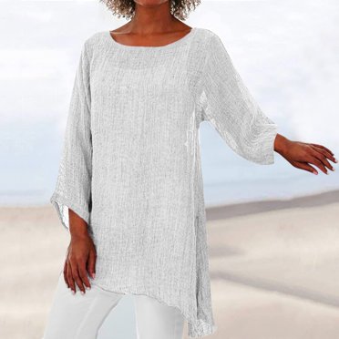 CHOK T-Shirts pour Femmes Femmes Grande Taille Manches Longues Ourlet Irrégulier Blouse Ample en Lin Chemise Tunique d'Été pour Dames Hauts T-Shirts pour Femmes Noir + L