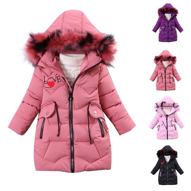 QIPOPIQ Girls' Long Winter Coat Parka Water Resistant Warm Puffer Jacket Clearance in pink, purple, black, and light pink. This water-resistant outerwear features a diamond quilted design, faux-sherpa lining in the hood, and faux-down polyester fill for warmth. Includes zippered detachable hood, hand-warmer pockets, and dropped back hem for extra coverage. Ideal for cold weather and outdoor activities.