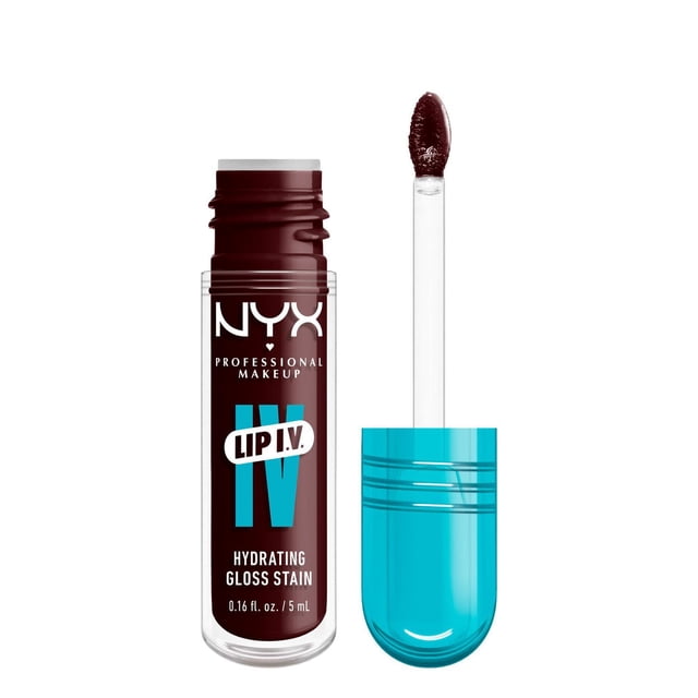 NYX Professional Makeup Lip IV Hydrating Gloss Stain in shade Water 'Bout Wine? with a clear tube of deep wine lip tint and a separate blue-capped applicator wand with a doe-foot tip coated in the tint, providing up to 12-hour hydration and high pigment for a wet shine finish, often used for layering under lipstick to boost moisture.