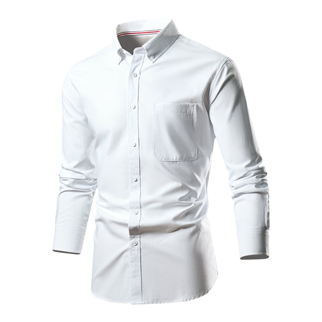 AherBiu men's long sleeve dress shirt featuring a button-down front, lapel collar, and regular fit. The shirt is shown in a crisp white color with a single chest pocket and a clean, tailored design. Made from premium fabric, it is suitable for work, office, or business settings.