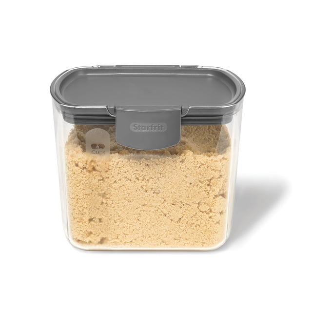 Starfrit Prokeeper Brown Sugar Storage Container with Terracotta Disk, 2.5lb capacity, clear BPA-free plastic with gray airtight lid and graduated measurements, half-filled with brown sugar, suitable for kitchen food storage and moisture control.