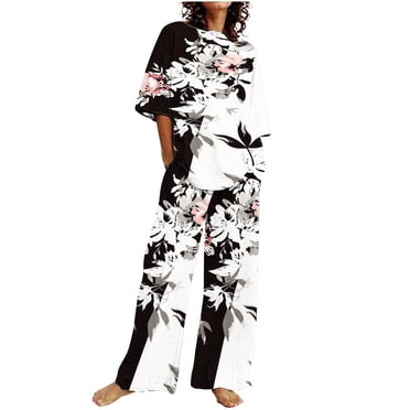 Pisexur Pyjama de Détente et de Nuit pour Femme Grande Taille, Été, Décontracté, Floral, Ensemble de Pyjama 2 Pcs, Haut à Manches Courtes Ultra Doux avec Pantalon, Tenue de Détente et de Nuit, Ensembles de Pyjamas pour Dames avec Poches