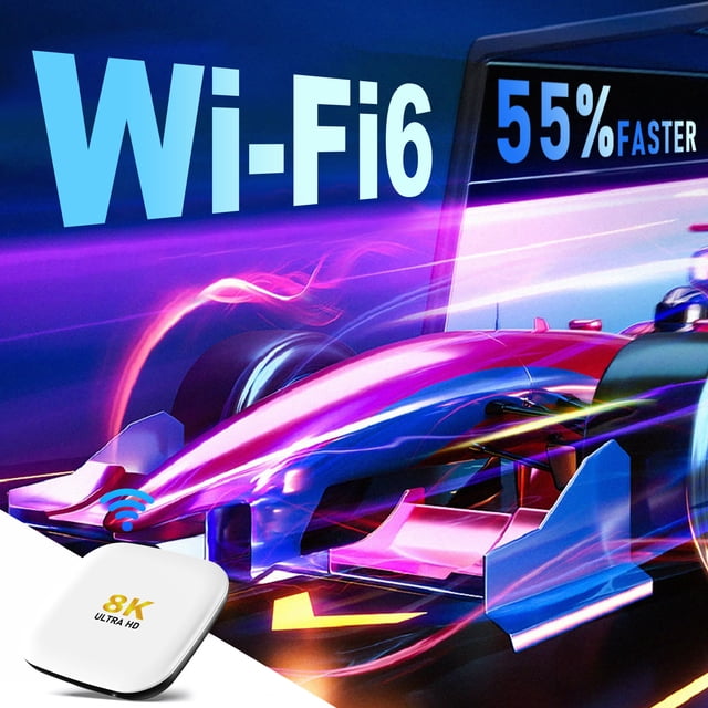 Tv Box H96 Max M2 Android 13 8k Wi-Fi 6 from Fire Electronics, a sleek white media streaming player with '8K Ultra HD' branding. The image showcases Wi-Fi 6 technology with a dynamic race car graphic and text indicating 55% faster speeds, ideal for high-performance streaming and gaming.