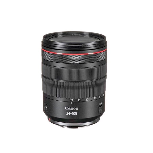 Canon RF 24-105mm f/4L is USM Lens (International Model) shown in a front-facing view. This wide-angle to short telephoto zoom lens features a constant f/4 maximum aperture, a five-stop-effective image stabilizer for reducing camera shake, and a control ring for direct setting changes. Designed for the EOS R system, it is compact and versatile, suitable for various photography needs.