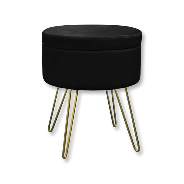 ITY International - Pouf en Velours / Repose-Pieds avec Rangement et Plateau, Base en Métal, Noir