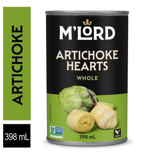 M'Lord Artichoke Hearts Whole, 398ml can with black and green label featuring whole and peeled artichoke hearts, Non-GMO Project Verified and vegan symbols, ideal for salads, pastas, pizzas, and antipasto platters.