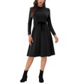 thumbnail image 2 of INSPIRE CHIC Robe Midi en Tricot pour Femme, Élégante, Col Montant, Manches Longues, Taille à Nouer, pour le Travail, TP, Noir, 2 of 6