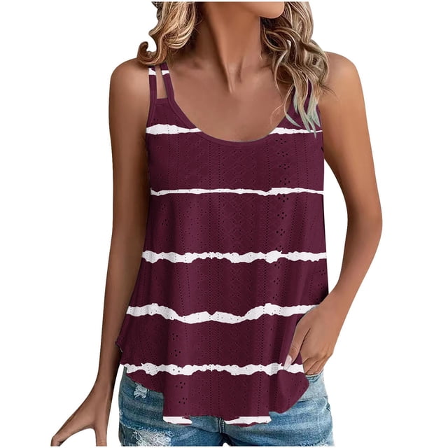 Plebaso Eyelet Tank Tops Womens Sleeveless Embroidery Tunic Print Summer Flowy Shirts for Beach Vacation