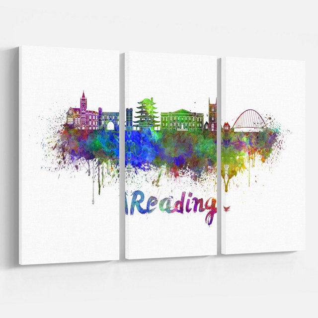 Design Art Reading Skyline Canvas Print featuring a triptych gallery wrapped canvas wall art with a vibrant watercolor splash of Reading city skyline, including notable buildings and a bridge, printed on premium cotton canvas and ready to hang, suitable for enhancing home décor.