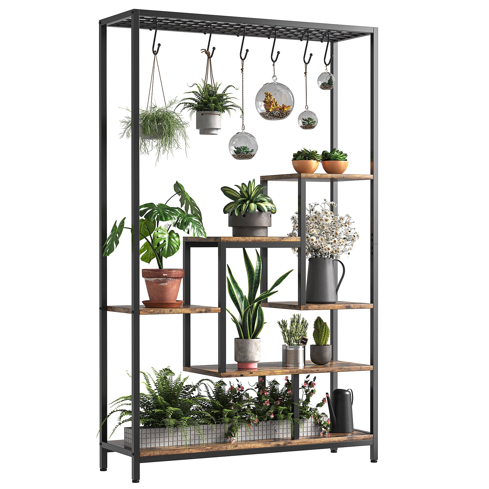 Tall 5-Tier Metal Plant Stand, 70.9" Outdoor & Indoor Flower Pot Display Rack with 6 Hanging Hooks, Multi-Purpose Decorative Organizer Shelf for Living Room, Balcony, Patio, Garden