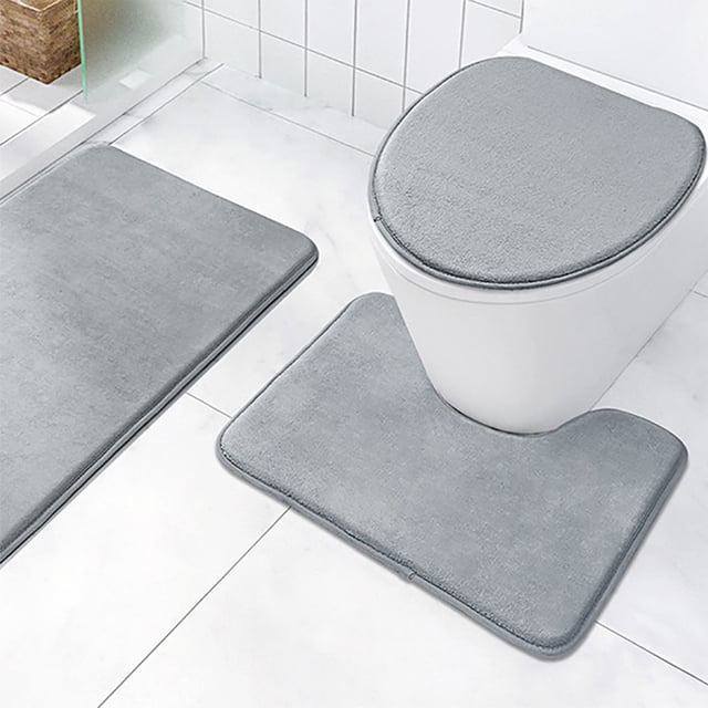 Yhmxh Bathroom Rugs Bath Rug Bath Mat Bathroom Toilet Cover Bathroom Mats Absorbent Printed Floor Mats Bathroom Toilet 3 Piece Floor Mat Set in gray polyester. Includes a toilet lid cover, a U-shaped mat for the toilet base, and a rectangular floor mat. Features non-slip backing, water-absorbent material, and machine washable design, ideal for modern bathroom decor.