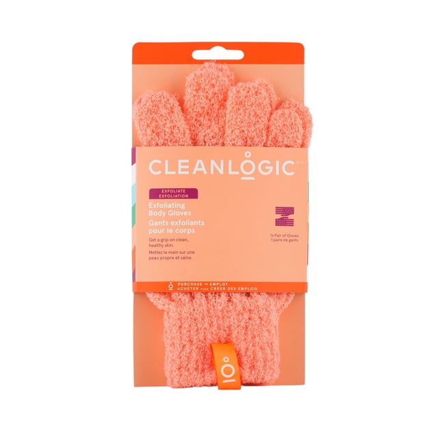 Cleanlogic Gants de Bain et de Douche Exfoliants en Tricot Corail avec surface Texturée, Fixés dans un Emballage Affichant la Marque et des Informations sur le Produit, Conçus pour une exfoliation Douce du Corps et l'Amélioration de la Santé de la Peau, avec une Boucle de Suspension orange pour le Séchage.