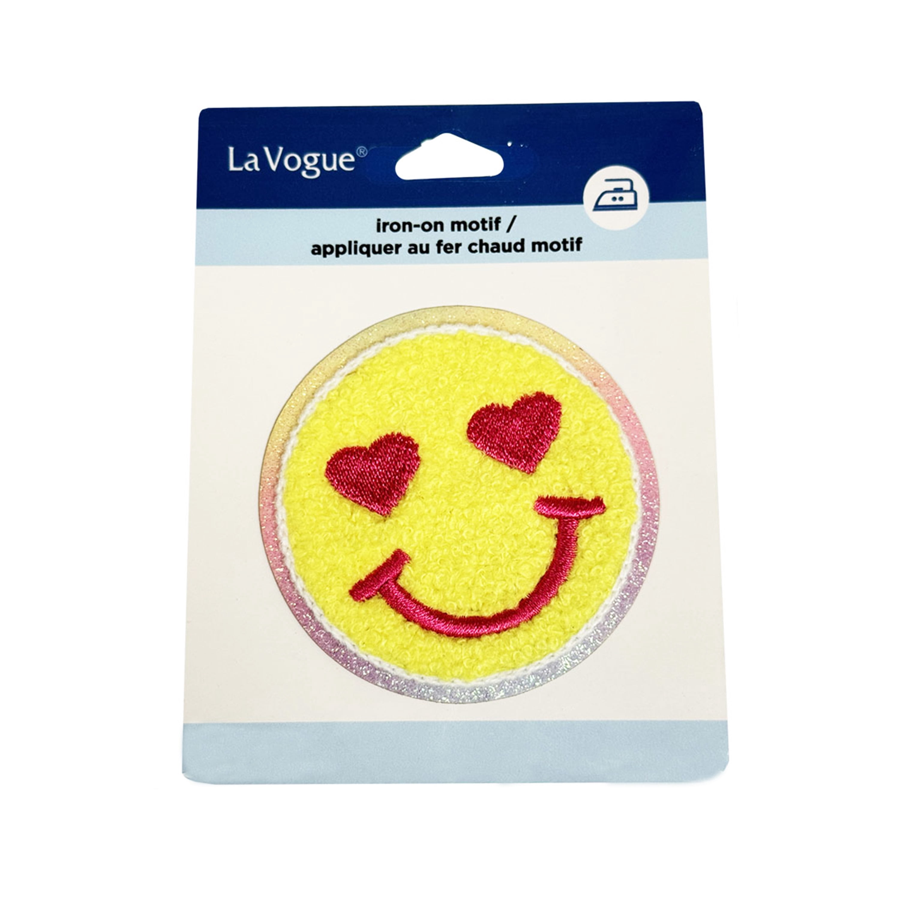 LA VOGUE Smiley Face Embroidered Iron-On Patch, 1 Piece - ~11.43 × 8.89 cm (4.5 × 3.5 in)