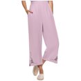 thumbnail image 2 of Womens Wide Leg Cropped Pants Cotton Linen Elastic High Waisted Palazzo Pants with Pockets Pink, 2 of 7