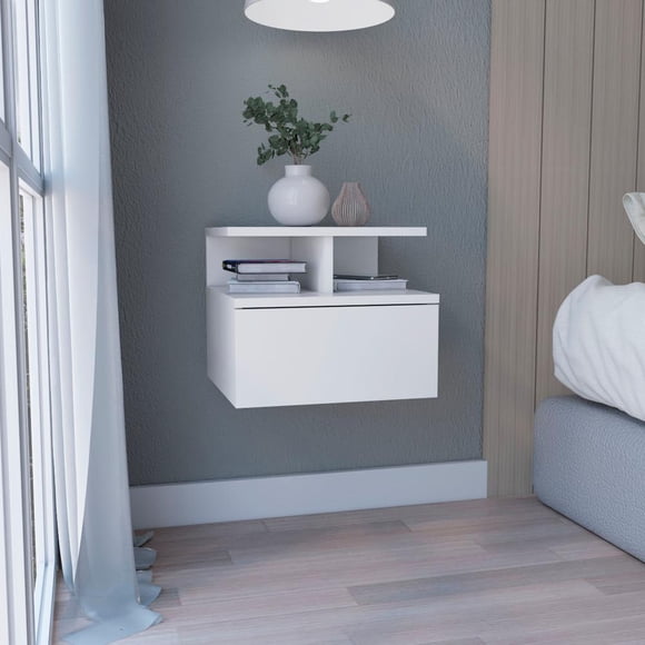 DEPOT E-SHOP Table de Chevet Flottante Murale avec Tiroir Unique et Étagère à 2 Niveaux Blanc