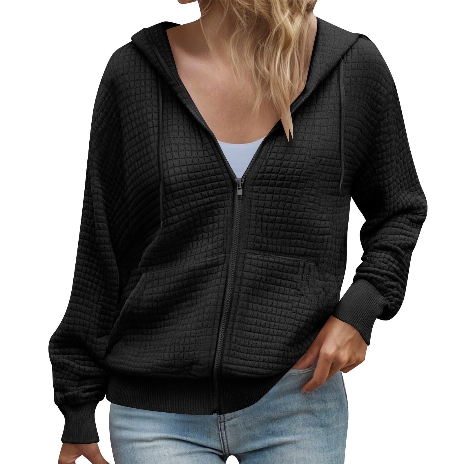 Ntacza Hooded Coats For Women Full Zip Black Pullover Waffle Knit Coats Drawstring Casual Hoodies Shackets For Women 2025 L S,m,l,xl,xxl