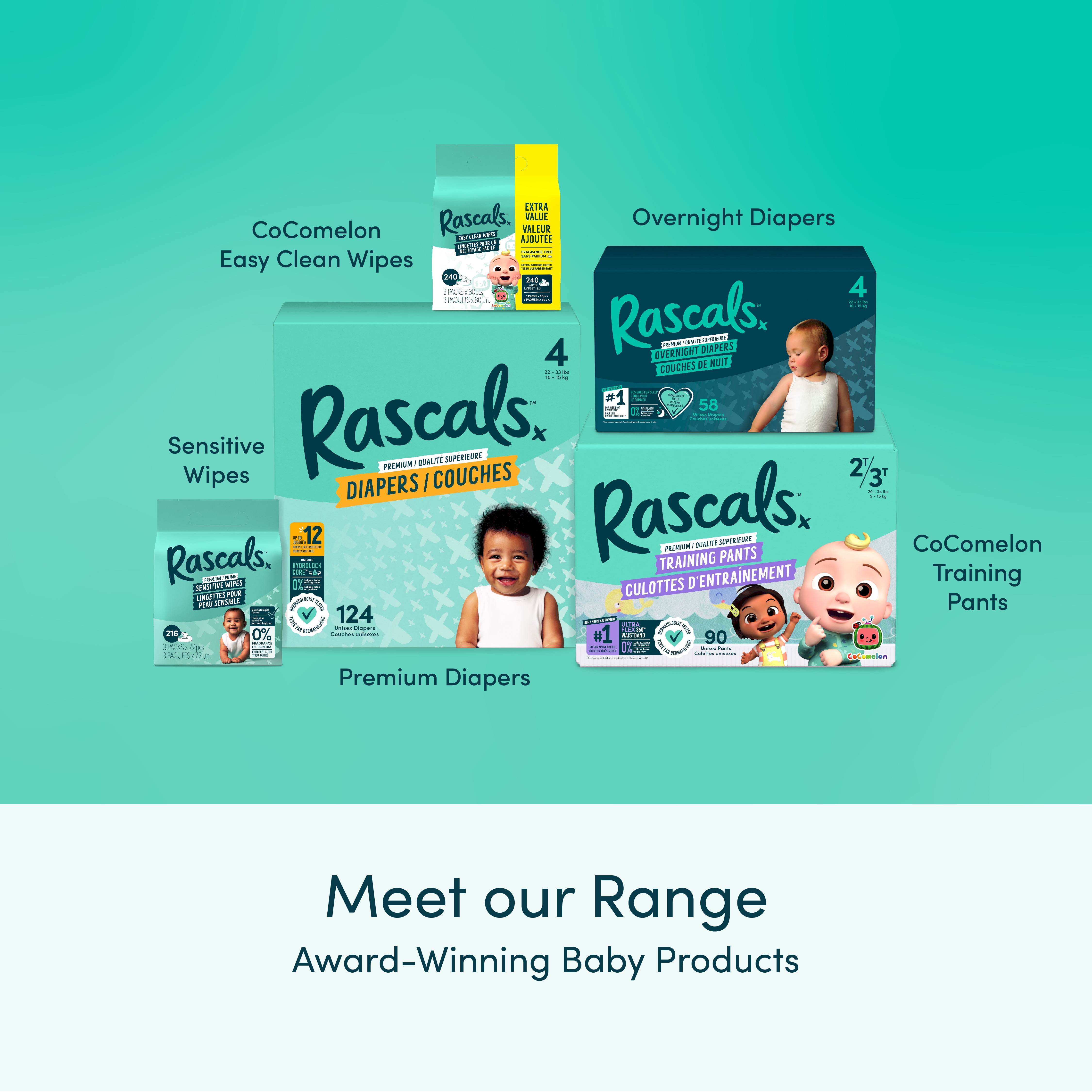 Couches Rascals Premium, taille 5, 160 unités, incluant 5 paquets de Lingettes premium à 99% eau