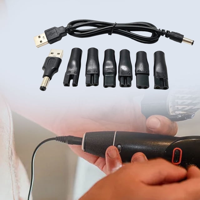 WIFKLSIIPG 7 PCS Power Cord 5V Replacement Charger USB Adapter with six interchangeable charging heads and a USB to 5.5x2.1mm cable. Compatible with various electric grooming tools, including hair and beard trimmers, shavers, and beauty instruments. Made from durable ABS material, shown in black with a sleek finish. The image highlights the adapter in use with a grooming tool, emphasizing its versatility for personal care devices.