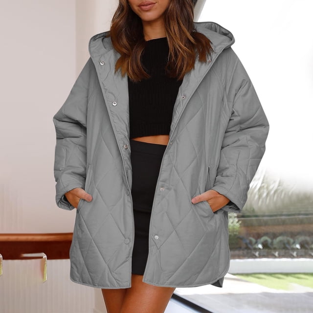 XZNGL Womens Solid Color Diamond Plaid Pocket Cotton Jacket Button Cotton Jacket Long Sleeved Hooded Dasual Jacket
