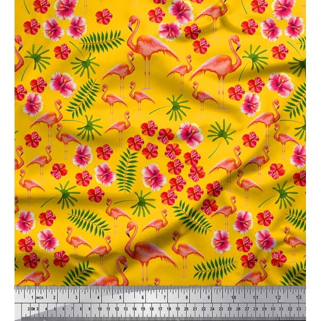 Soimoi Polyester Crepe Fabric Leaves,Floral & Flamingo Bird Decor Fabric Printed Yard 52 Inch Wide