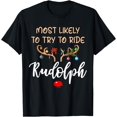 thumbnail image 1 of Most Likely To Try To Ride Rudolph Matching Couple Christmas T-Shirt - White - M, 1 of 4