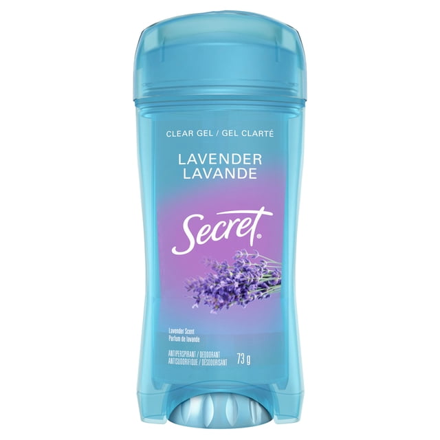 Secret Clear Gel Antiperspirant and Deodorant in Lavender scent, 73 g, in a translucent blue plastic stick container with a rounded cap and lavender flower image on the label, offering 48-hour odor control and wetness protection.