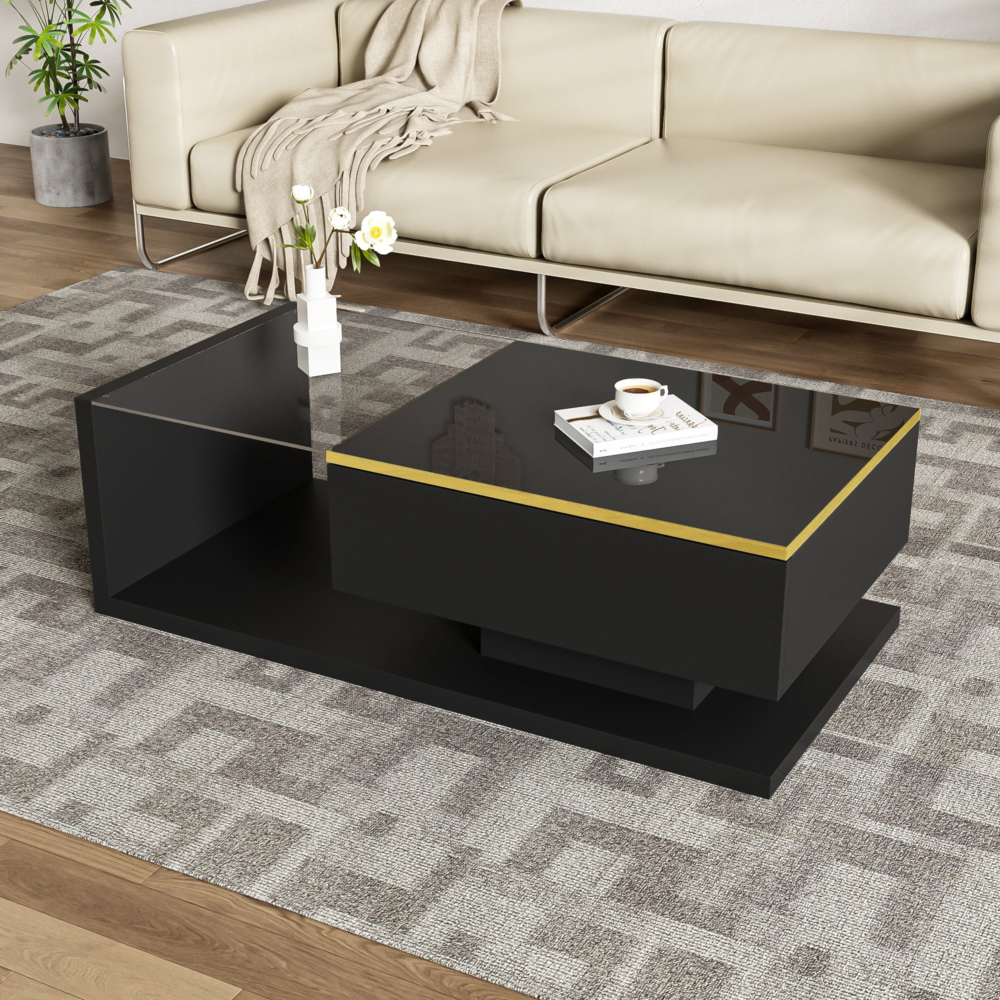 Noble House 39.4" High-Gloss Black Coffee Table, Tempered Glass with Dimmable LED, Storage Compartment & Open Shelves,Black
