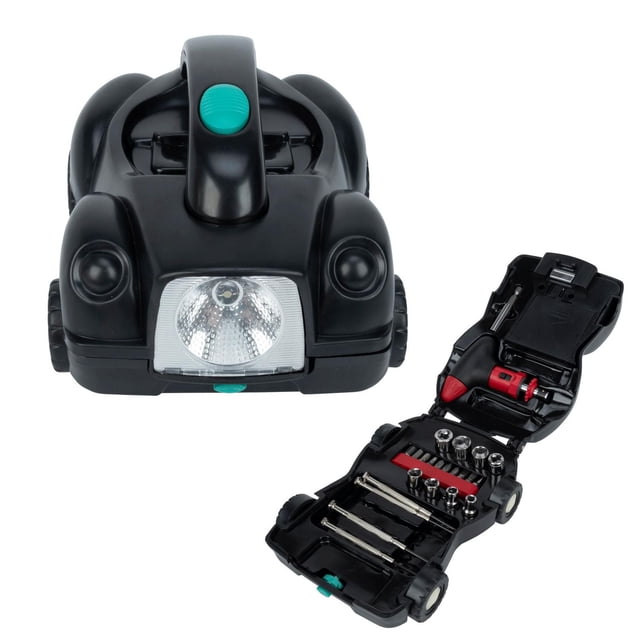 Perfect Solutions Multi Tool compact black car-shaped toolbox with teal button, shown closed and open to display organized hand tools including a red screwdriver, sockets, and bits, designed for easy storage and quick access, suitable for first-time homeowners and everyday repairs.