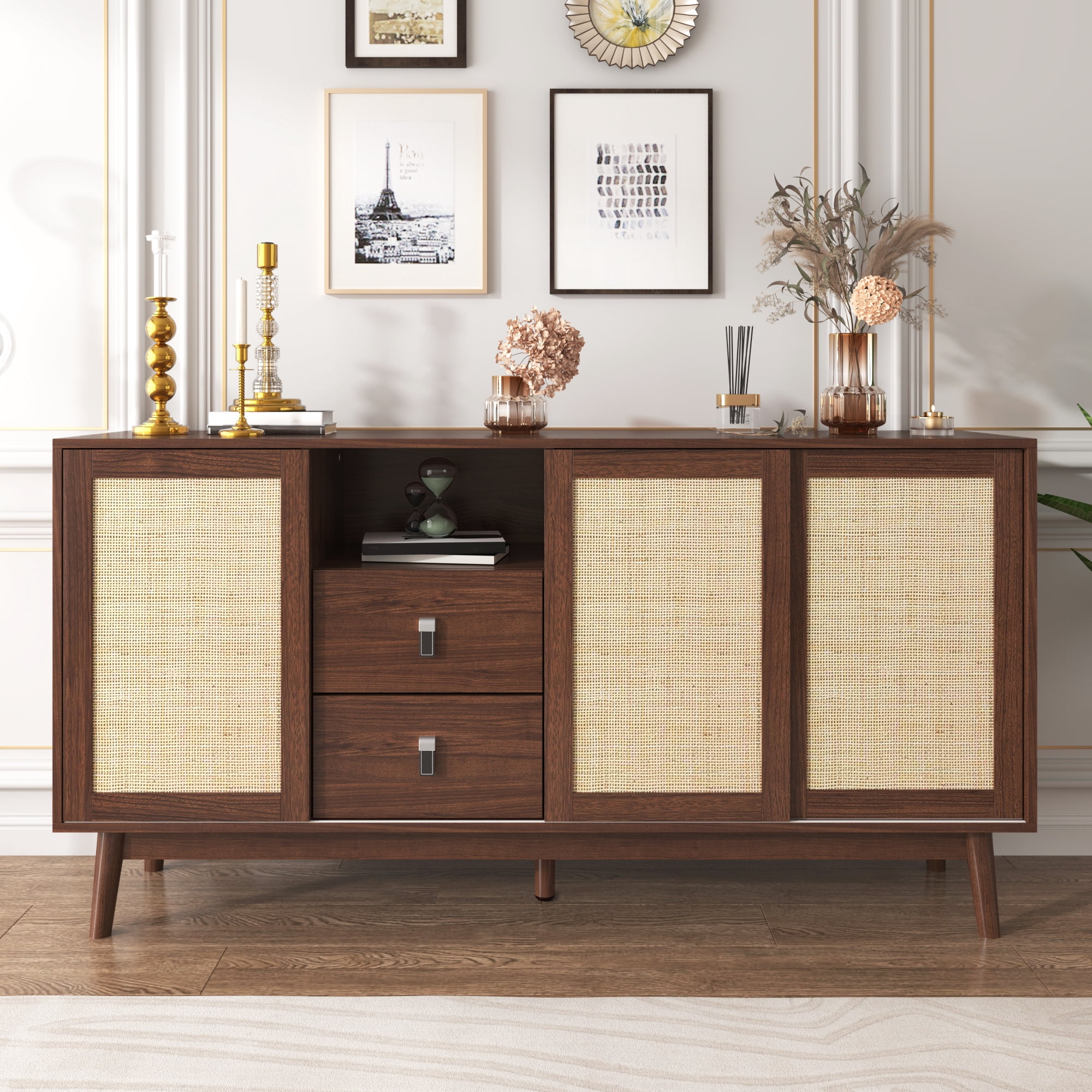 Noble House Buffet 61 Pouces avec Portes Coulissantes en Rotin Véritable et 2 Tiroirs, Armoire de Rangement Respirante et Robuste, Bois de Noyer