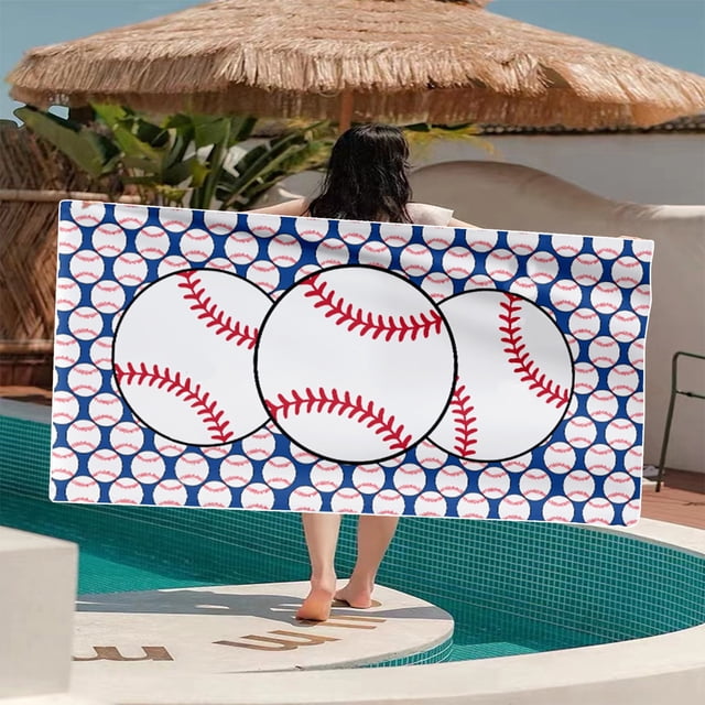 TIMIFIS Microfiber Beach Towel Gifts, a large, lightweight, quick-drying towel with a multicolor baseball-themed design. Measuring 70x140cm, it is made of polyester and shown near a poolside in a tropical setting. Absorbent and sand-resistant, it is ideal for beach outings, yoga, travel, or as a summer accessory.